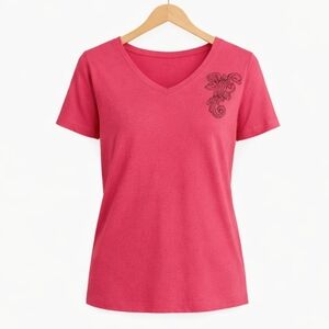 SB Active Red Gathered Sleeve Tee With Black Paisley Chest Design Petite Sz XL